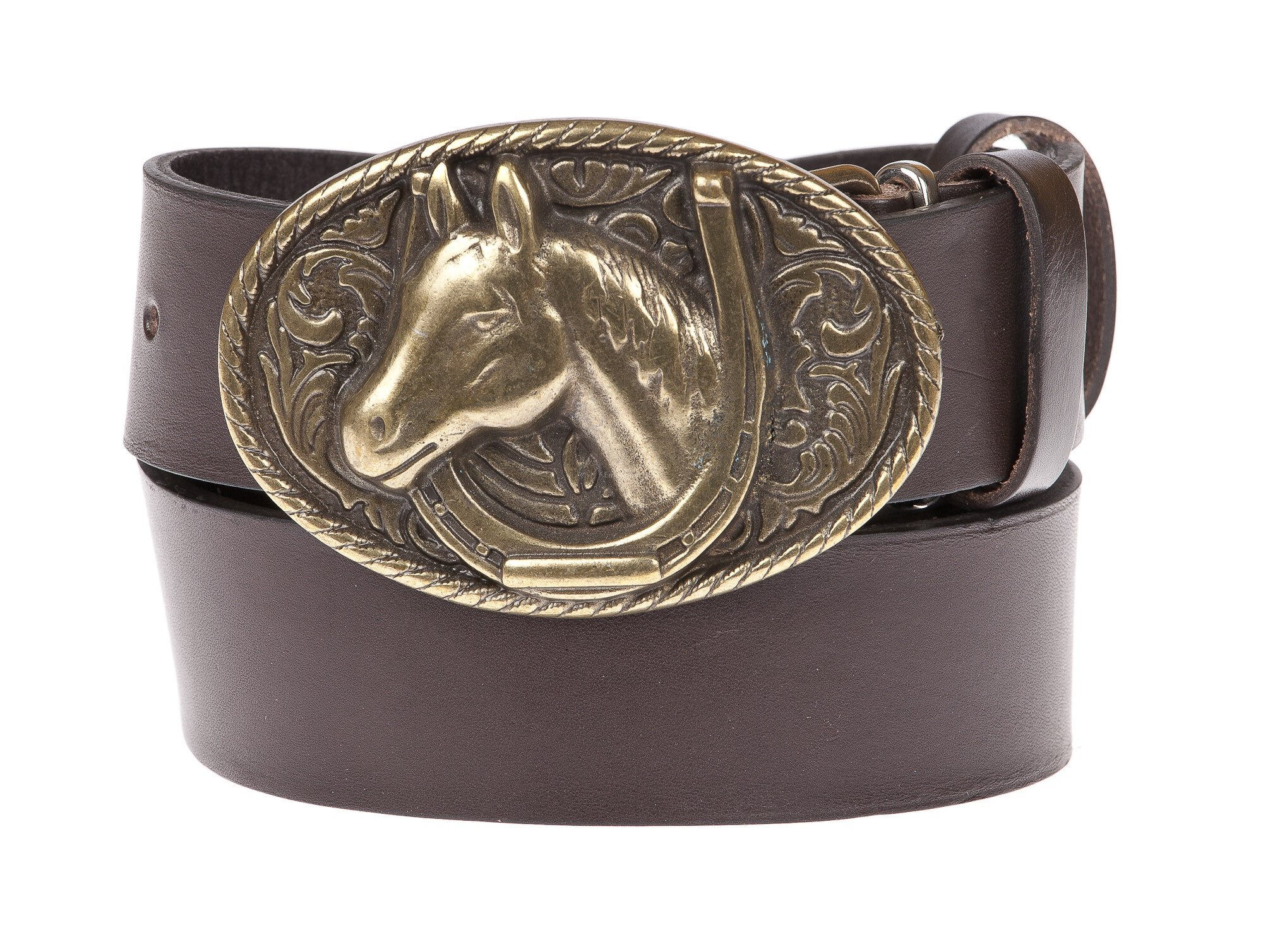 DOUGLAS: men's leather belt, craft buckle, color: DARK BROWN