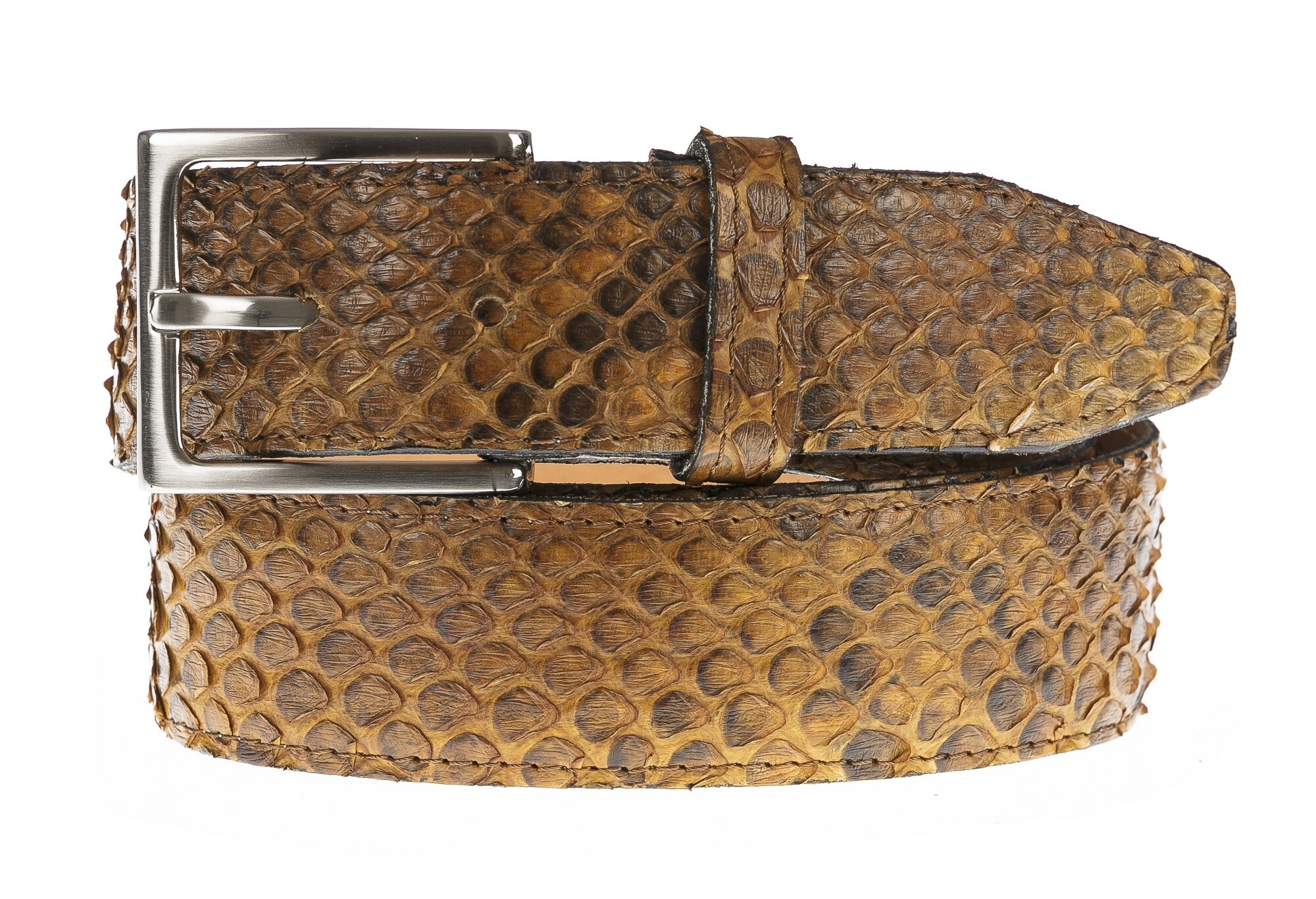 Cintura uomo in vera pelle di pitone CITES, GUATEMALA, colore MIELE,  CHIAROSCURO, Made in Italy, CINTURE