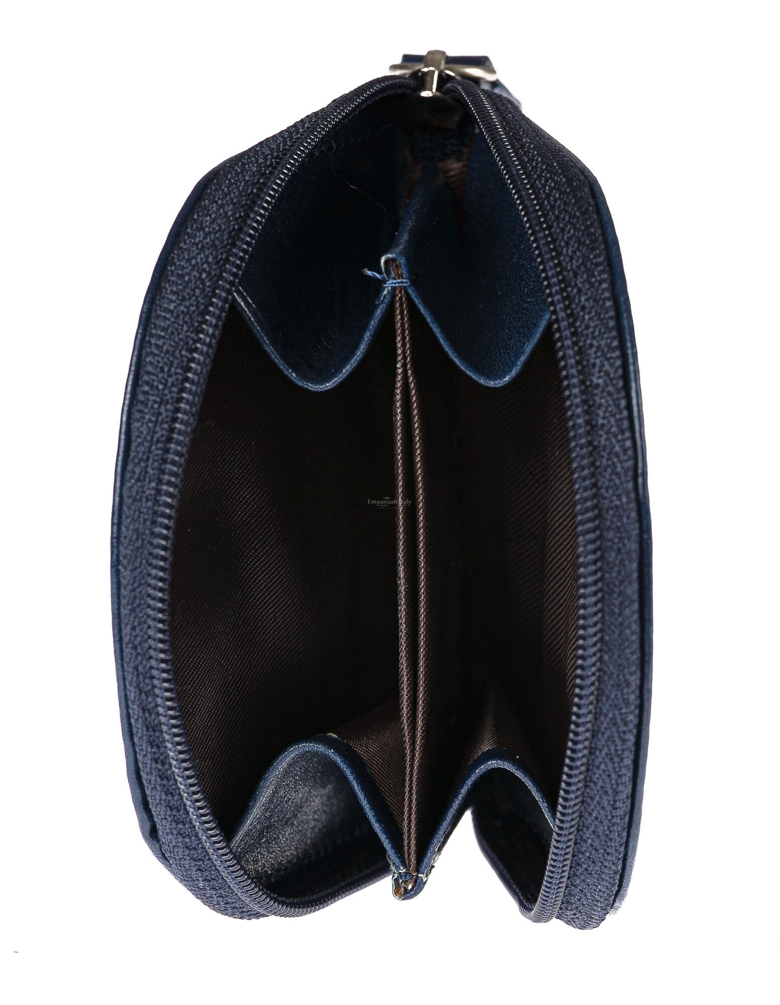 Portamonete In Vera Pelle Nappa Blu, Modello A Pozzetto Con Zip A Giro, Leggero E Unisex