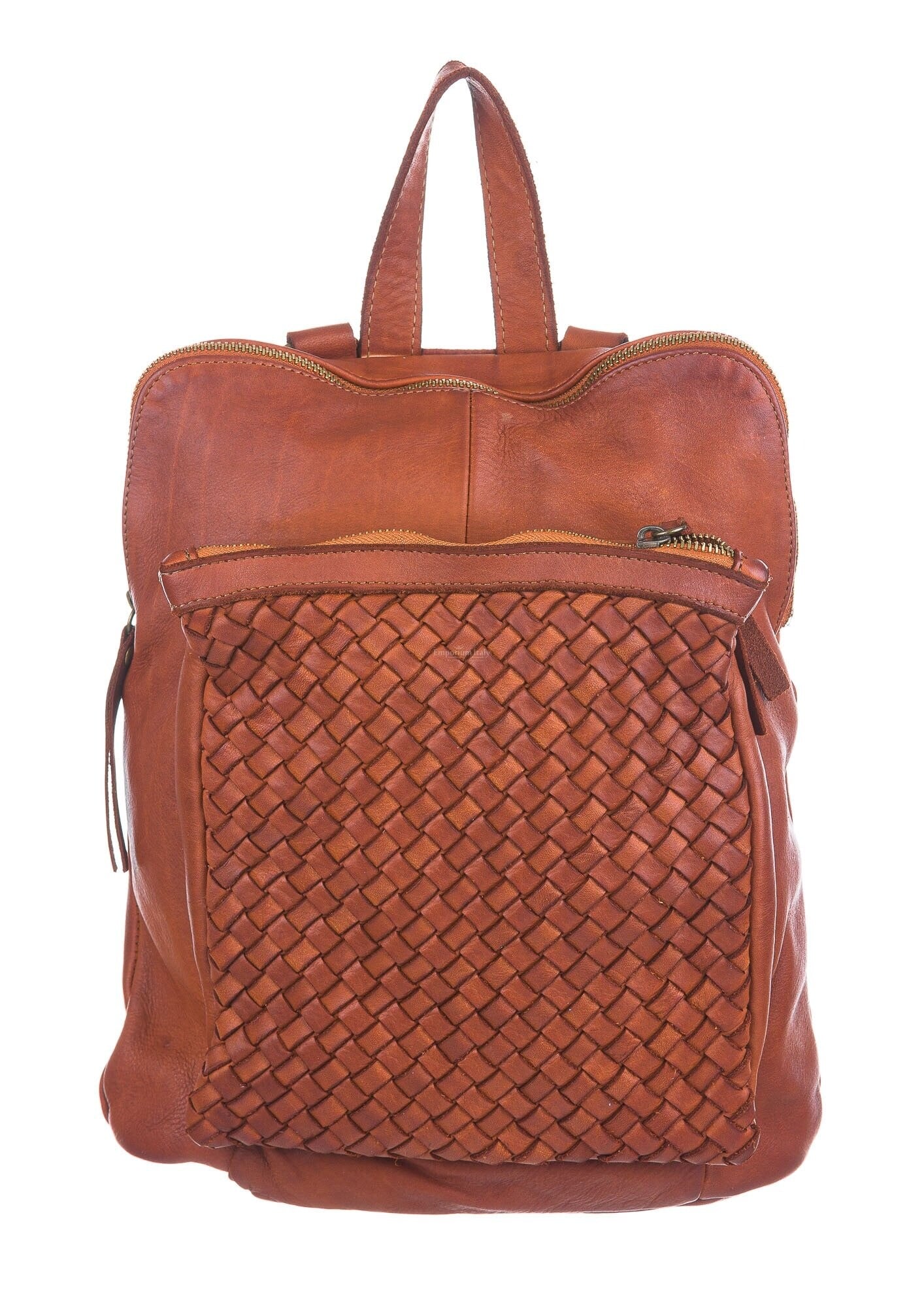 Tan Woven Leather Backpack VERY Nice Italian Leather! Large Orange Italian Leather Backpack, Woven Soft Backpacks  main image 4