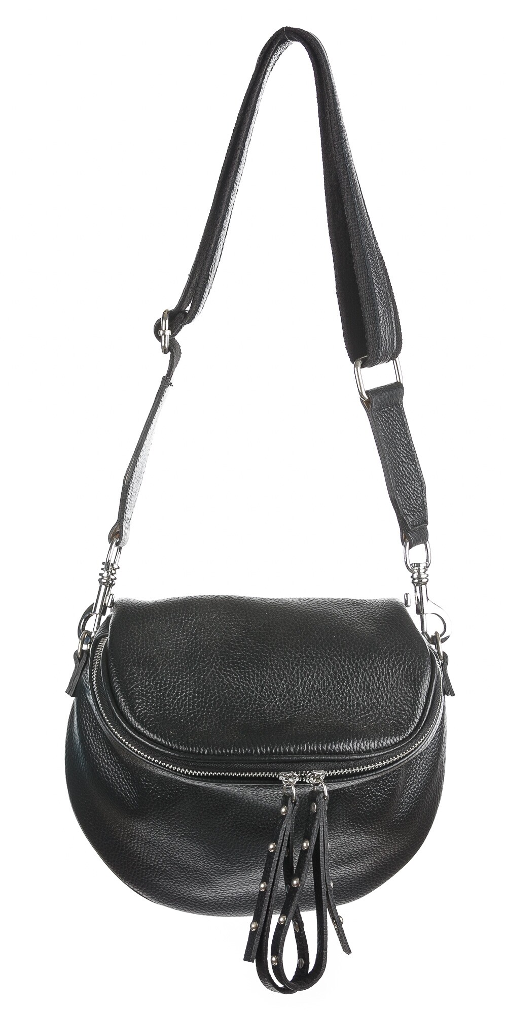Crossbody bag for woman in genuine leather, EMILY, color BLACK,  CHIAROSCURO, Made in Italy, LADYS LEATHER BELT PACK