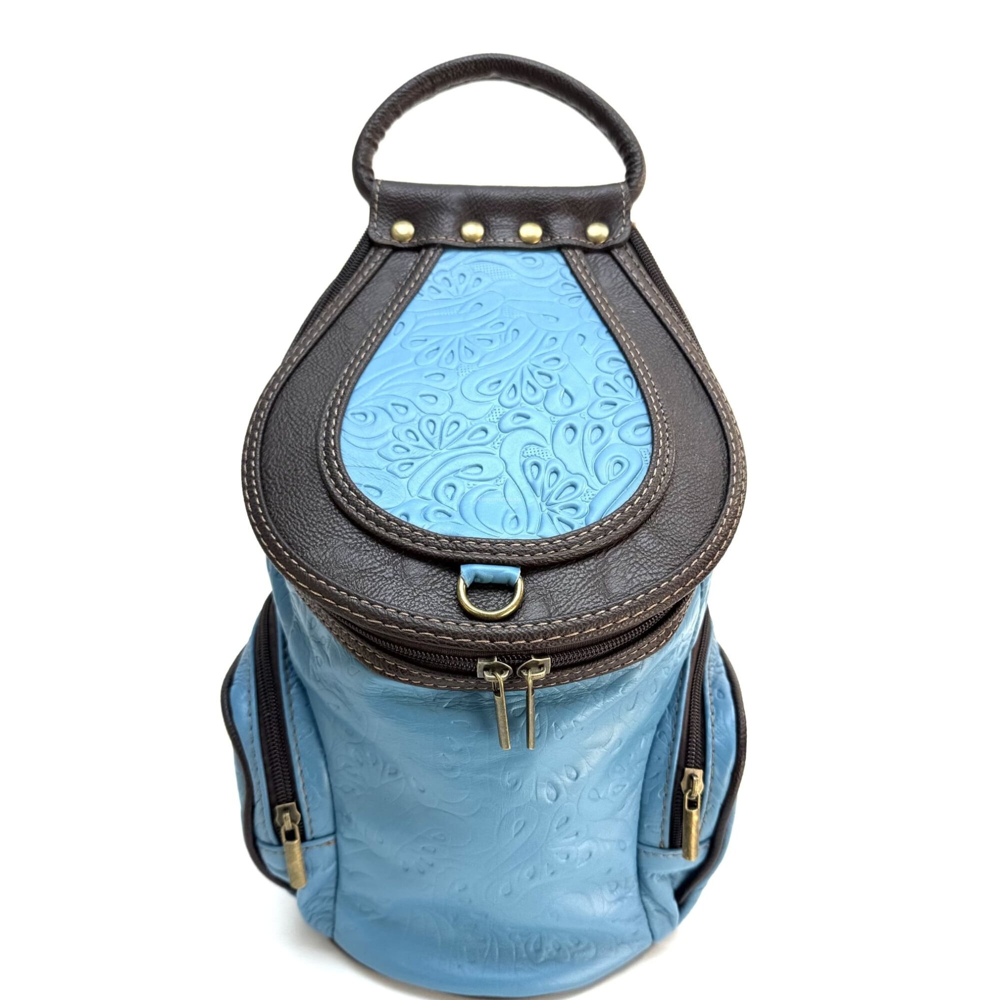 bright blue leather backpack Genuine leather backpack for woman MONTE HALLA MAXI, LIGHT BLUE/BROWN,  CHIAROSCURO, MADE IN ITALY | LADIES LEATHER BACKPACKS