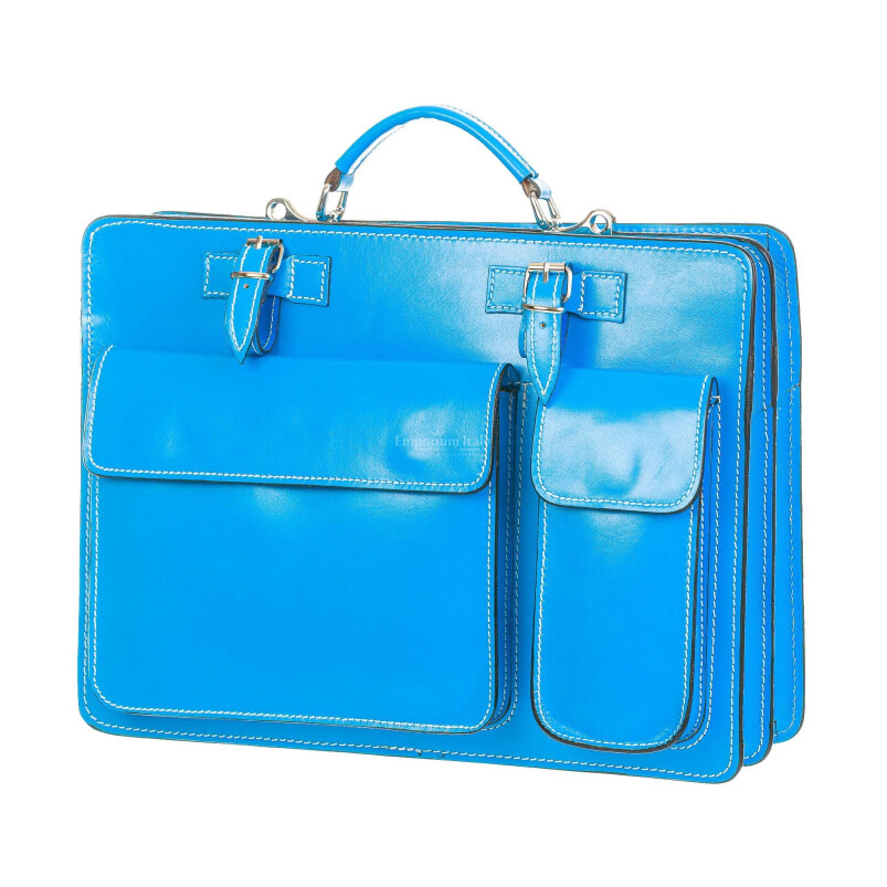 Work / Office genuine leather bag, mod. ALEX maxi, colour LIGHT BLUE, with shoulder strap, CHIAROSCURO, Made in Italy.