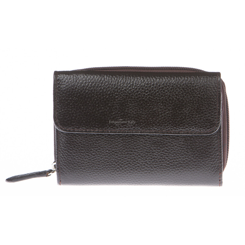 Ladies wallet in genuine traditional leather SANTINI mod CASSIA color DARK BROWN, Made in Italy.