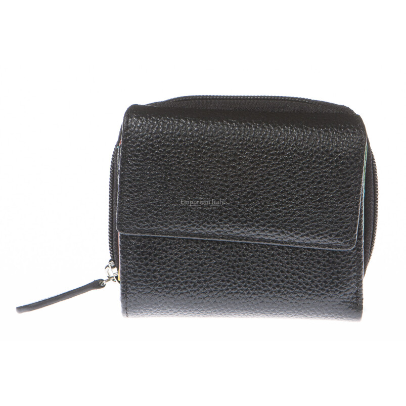 Ladies wallet in genuine traditional leather SANTINI mod BEGONIA color BLACK, Made in Italy.