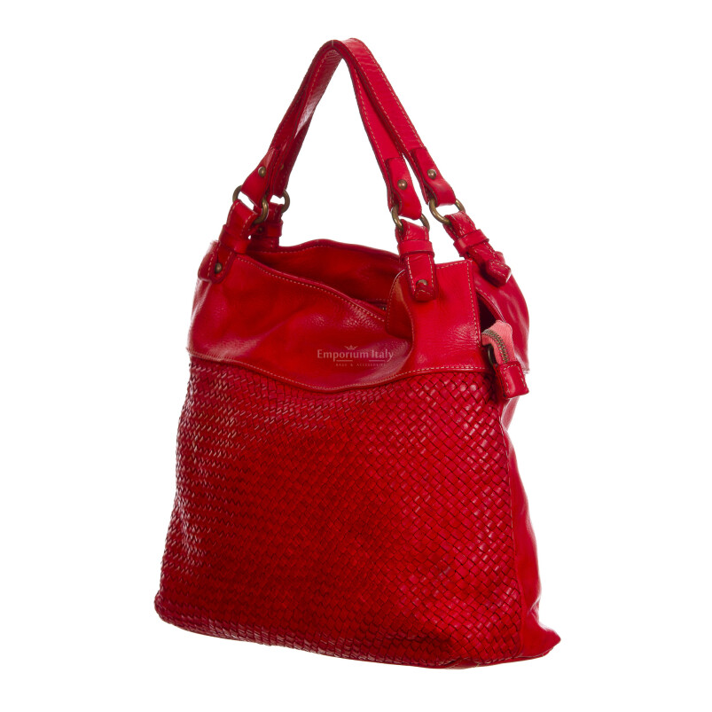 VANDA : ladies shoulder bag, soft vintage leather, color : RED, Made ni Italy.
