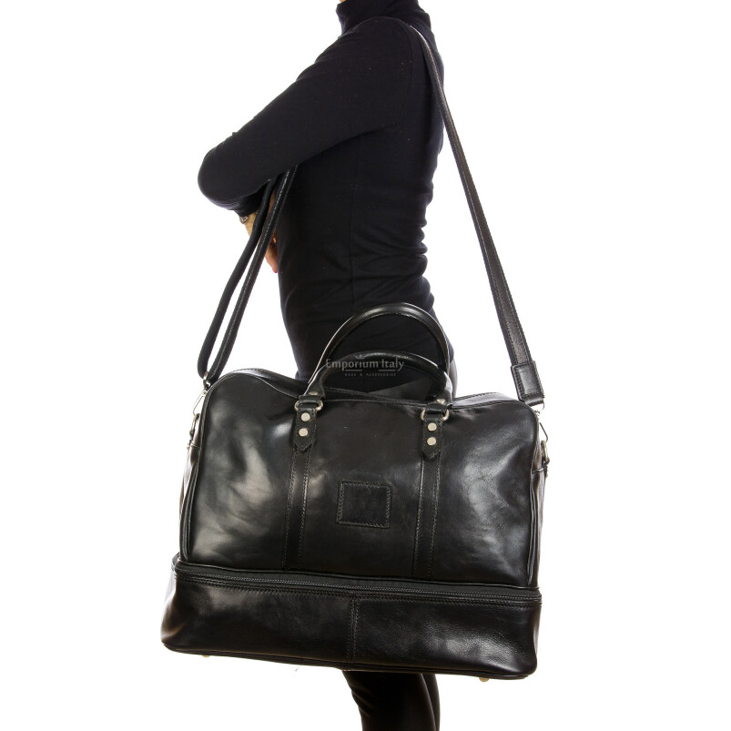 OMODEO : travel bag in buffered leather, color : BLACK, Made in Italy