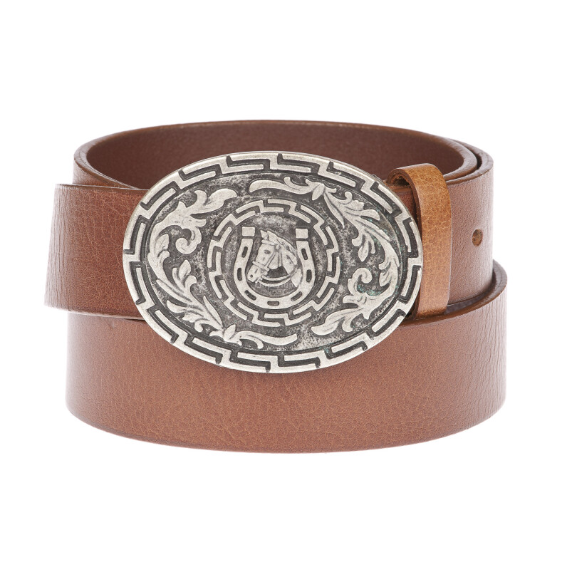 DENVER: men's leather belt, craft buckle, horse, color: BROWN, Made in Italy