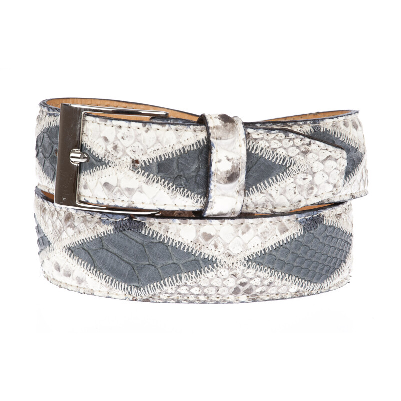 BRUXELLES: man's belt in python leather, two-tone diamond pattern, CITES certificate, color: STONE / BLUE, Made in Italy