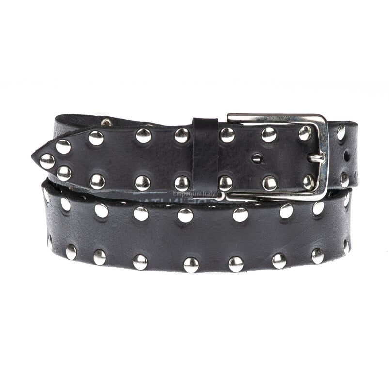 Cintura uomo in vera pelle ORVIETO MEDIUM, colore NERO, con borchie, CHIAROSCURO, Made in Italy