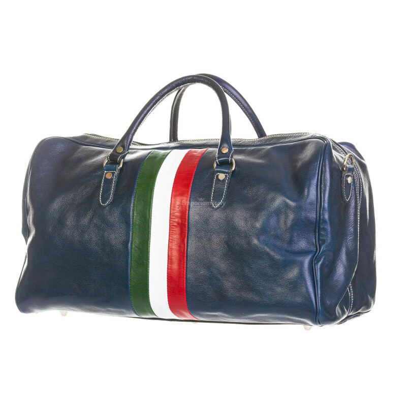 Borsone da viaggio in vero cuoio con tricolore italiano COMO MAXI, colore BLU, CHIAROSCURO, MADE IN ITALY