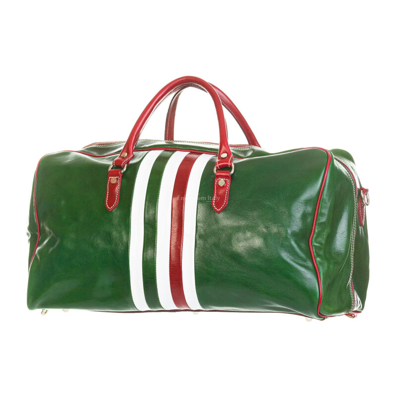 Mens / ladies travel bag in genuine leather CHIAROSCURO mod. TIMAVO MAXI, GREEN, tricolour italian flag Made in Italy.
