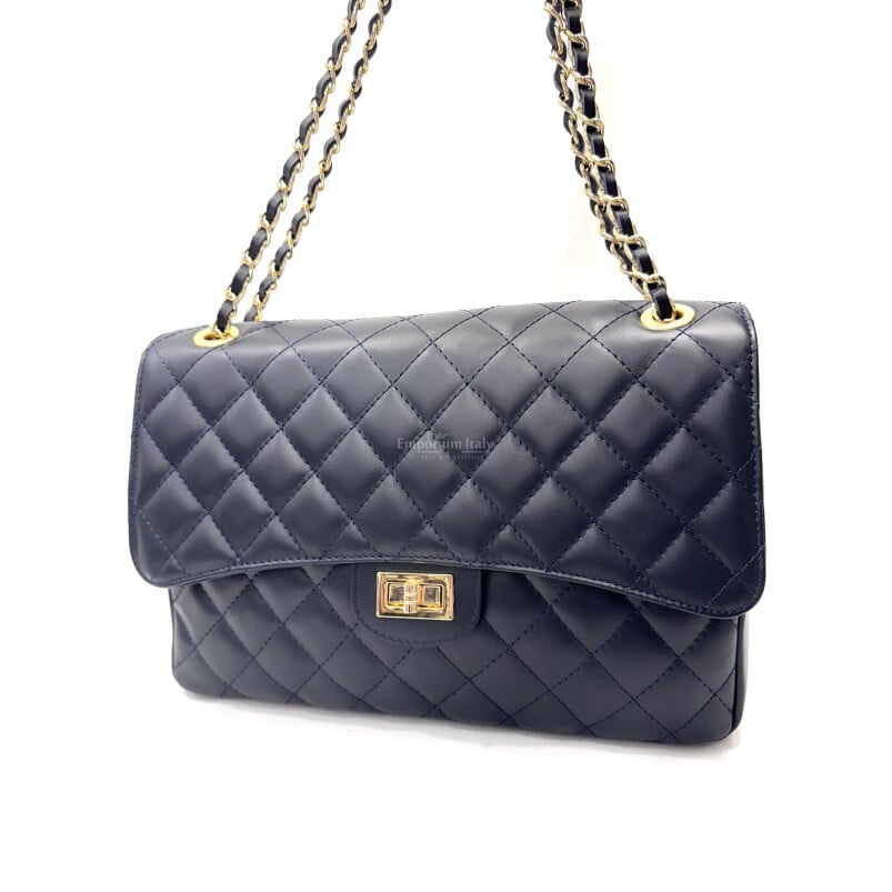 Borsa a spalla donna CHARLOTTE MAXI, in vera pelle morbida, colore BLU SCURO, CHIAROSCURO, Made in Italy.