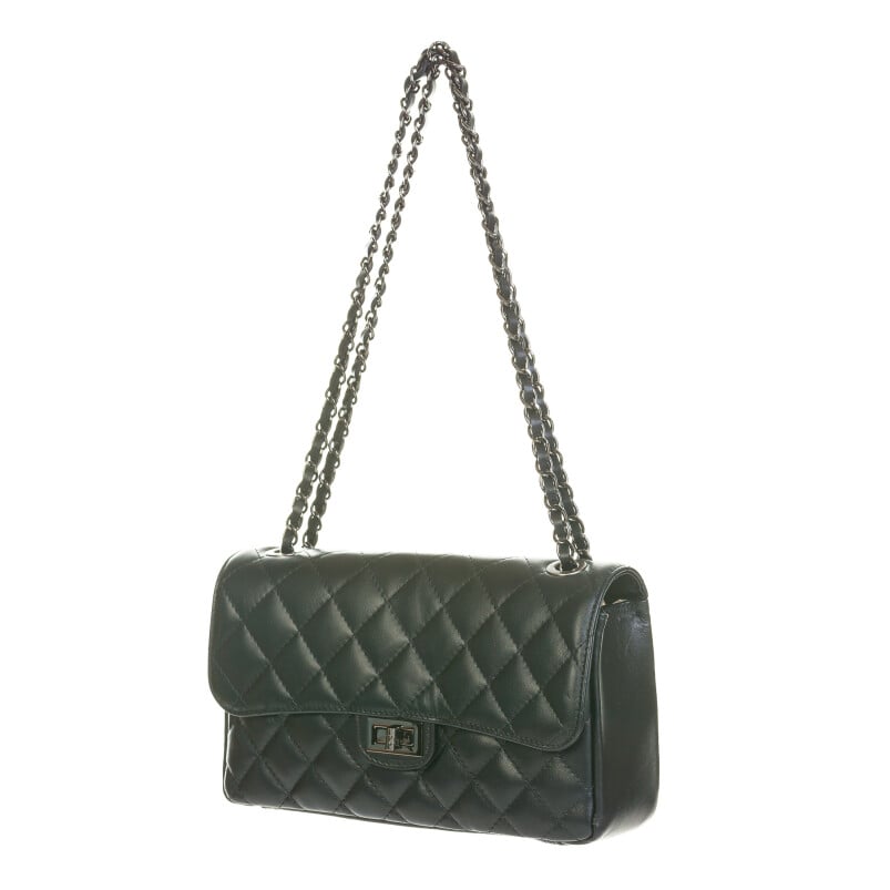 Borsa a spalla da donna in vera pelle CHARLOTTE MEDIUM, colore NERO con catene ARGENTO, CHIAROSCURO, Made in Italy