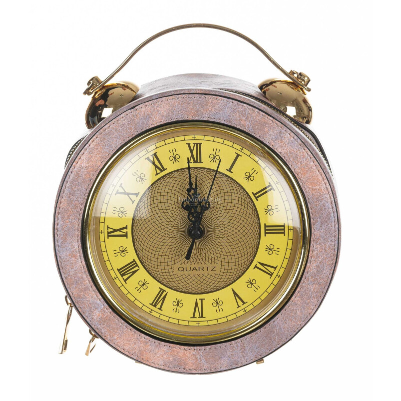 Borsa Mini Clock con orologio funzionante con tracolla, Cosplay Steampunk, ecopelle, colore rosa/lilla, ARIANNA DINI DESIGN