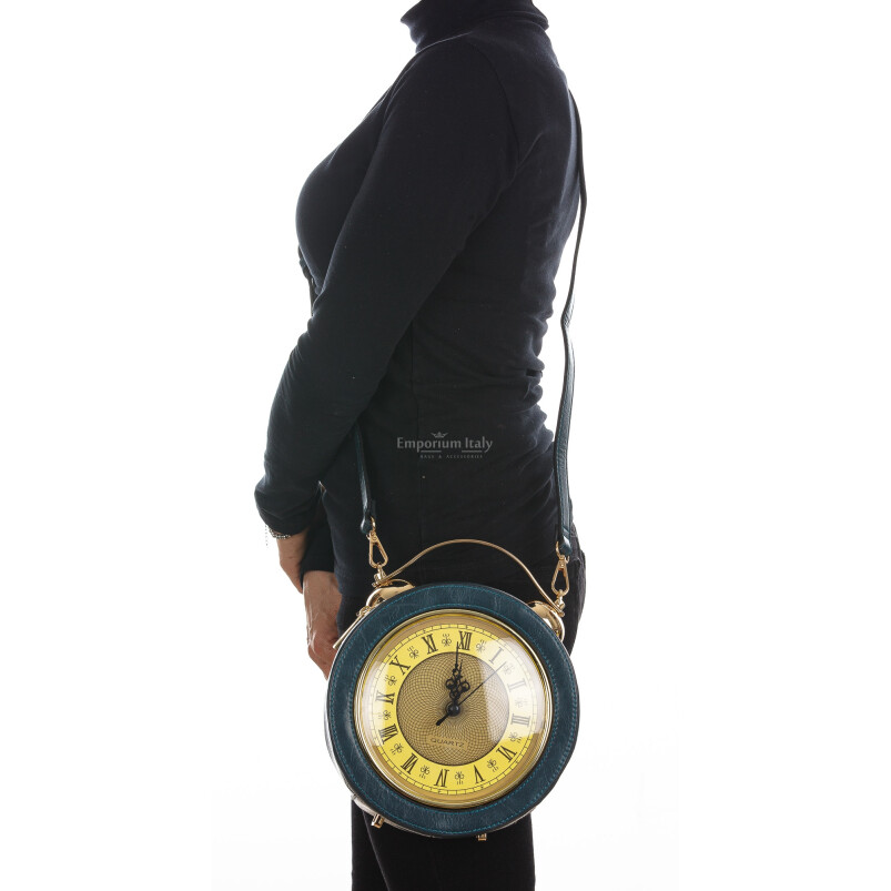 Borsa Mini Clock con orologio funzionante con tracolla, Cosplay Steampunk, ecopelle, colore blu, ARIANNA DINI DESIGN
