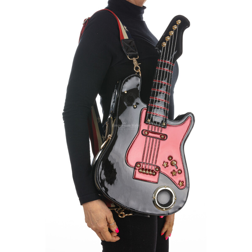 Borsa Guitar Shana con cassa funzionante, con tracolla, Cosplay Steampunk, ecopelle, colore nero / bordeaux, ARIANNA DINI DESIGN