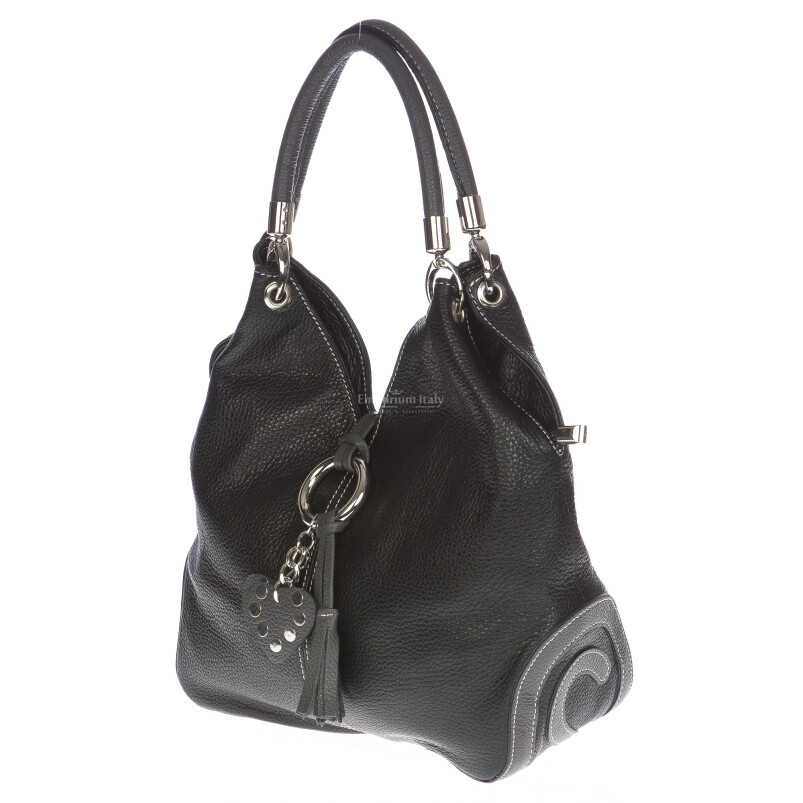 Ladies bag BONELLA small hammered leather, black, Chiaroscuro, Made in Italy