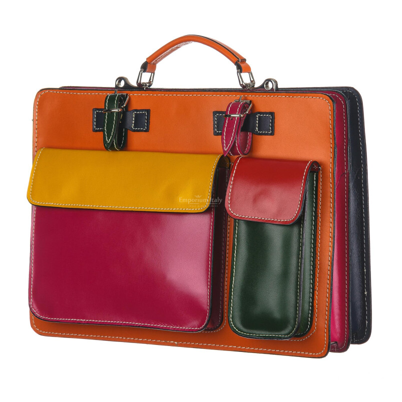 Mens / Ladies bag buffered real leather mod. ELVI maxi, MULTICOLOR orange base, with shoulder strap, CHIAROSCURO, Made in Italy.