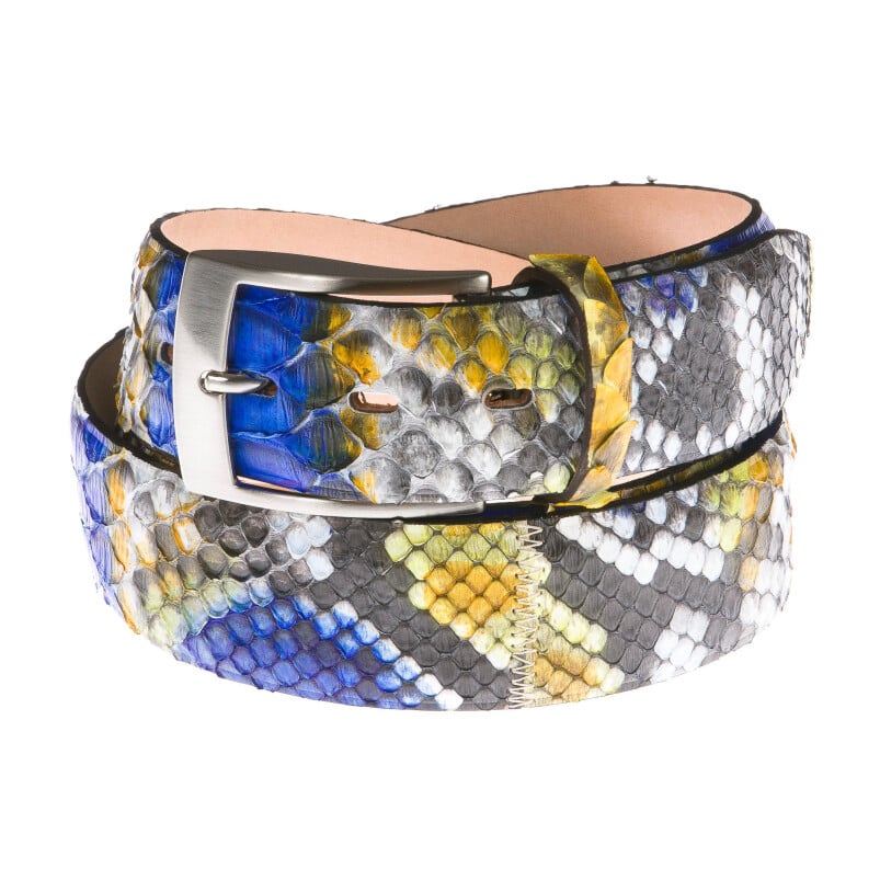 Cintura uomo BEIRUT C26, vera pelle pitone certificato CITES, colore GRIGIO/BLU/GIALLO, ELIO ZAGATO, Made in Italy