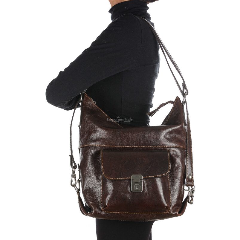 Ladies genuine leather bag CHIAROSCURO mod. MARTA, colour DARK BROWN, Made in Italy.