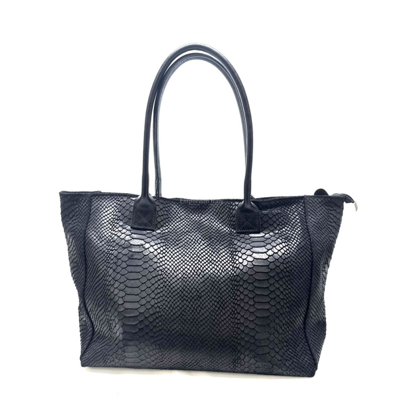 Borsa shopper semplice forma trasformabile a spalla da donna in vera pelle scamosciata modello LAVINE, colore NERO, CHIAROSCURO, Made in Italy.
