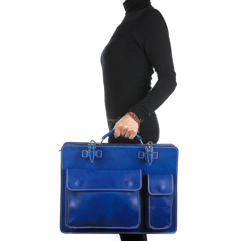 офисный портфель /деловая сумка из кожи CHIAROSCURO мод. ALEX XXL, цвет светло-синий, с плечевым ремнем, Made in Italy.