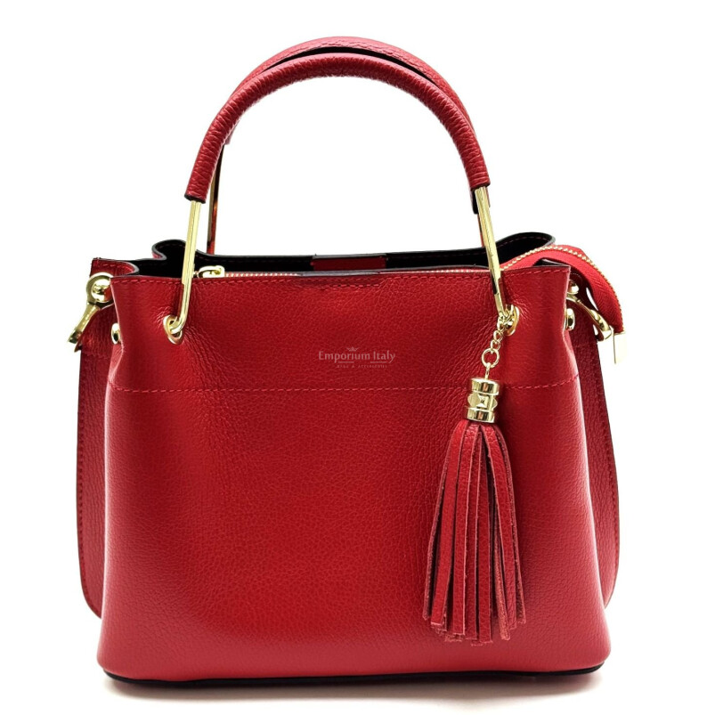 Borsa donna KAROLINA SMALL, a spalla in vera pelle rigida, colore ROSSO, CHIARO SCURO, Made in Italy