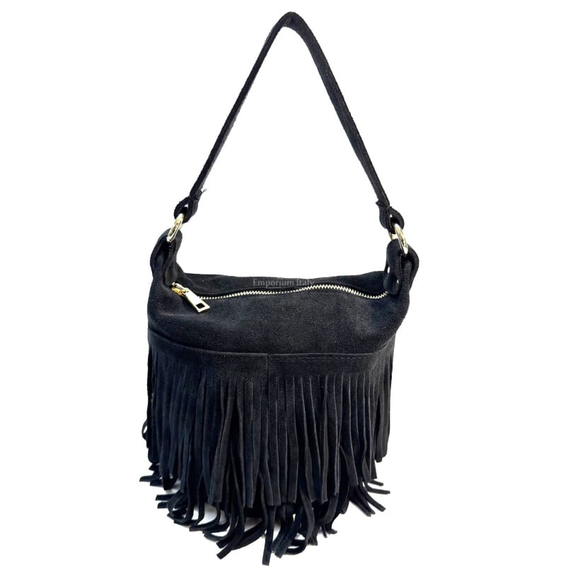 Borsa piccola in vera pelle scamosciato, modello MONY, colore NERO, CHIAROSCURO, Made in Italy