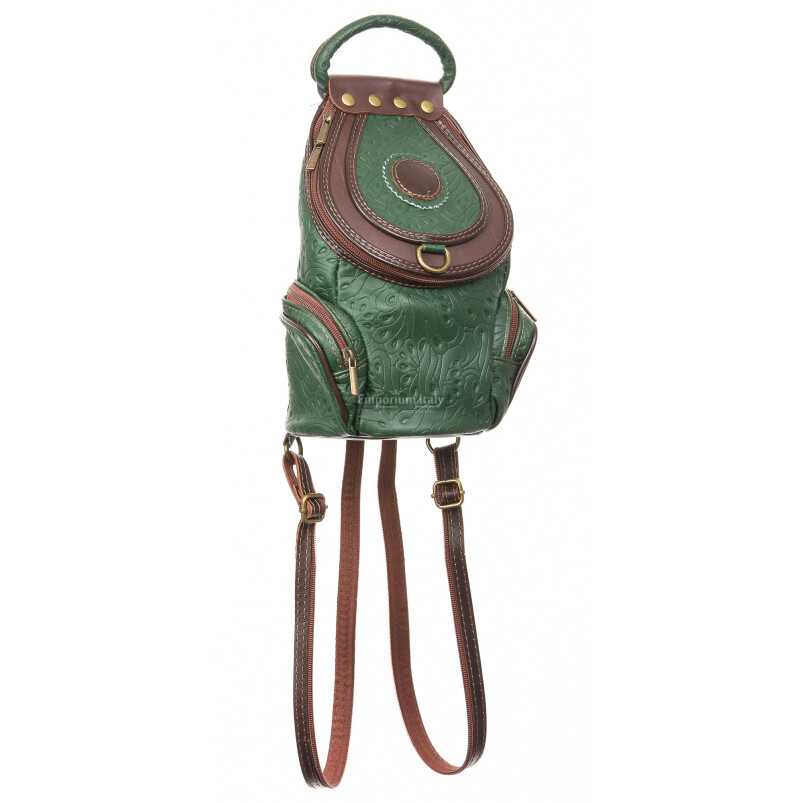 Genuine leather backpack for woman MONTE HALLA SMALL, GREEN/BROWN, CHIAROSCURO, MADE IN ITALY