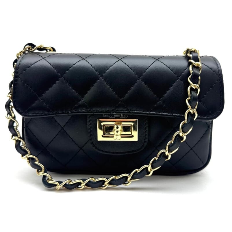Borsa a spalla da donna in vera pelle CHARLOTTE MINI, colore NERO, CHIAROSCURO, Made in Italy