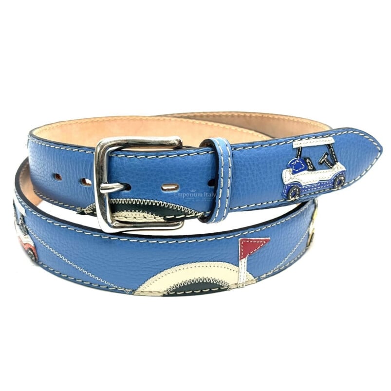 GOLBORN: cintura uomo in cuoio, colore : BLU / MULTICOLOR, Made in Italy