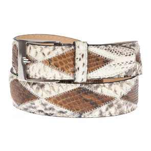 BRUXELLES: man's belt in python leather, two-tone diamond pattern, CITES certificate, color: STONE / BROWN, Made in Italy