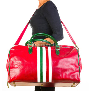 Mens / ladies travel bag in genuine leather CHIAROSCURO mod. TIMAVO MAXI, RED, tricolour italian flag Made in Italy.