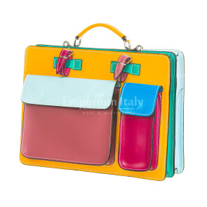 ELVI MAXI: офисный портфель / деловая сумка из кожи CHIAROSCURO, цвет пастельный МНОГОЦВЕТНАЯ, желтый цвет основой, с плечевым ремнем, Made in Italy.