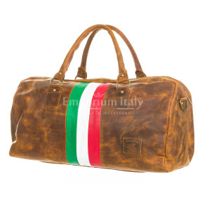 Borsone da viaggio in vero cuoio con tricolore italiano COMO MAXI, colore NABUK MARRONE, CHIAROSCURO, Made in Italy