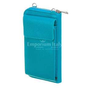 Women's mobile phone holder / wallet shoulder bag in genuine leather GIORGIA, color TURQUOISE, CHIAROSCURO, Made in Italy