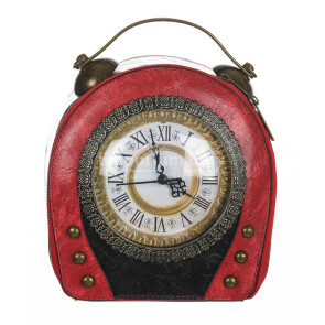Borsa Queeny Clock con orologio funzionante con tracolla, Cosplay Steampunk, ecopelle, colore rosso, ARIANNA DINI DESIGN