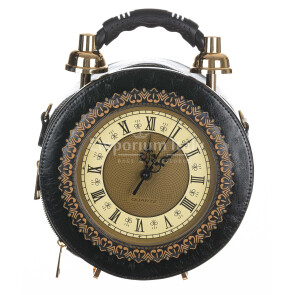 Borsa Tracy Clock con orologio funzionante con tracolla, Cosplay Steampunk, ecopelle, colore nero, ARIANNA DINI DESIGN