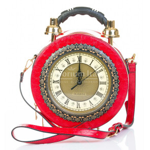 Borsa Tracy Clock con orologio funzionante con tracolla, Cosplay Steampunk, ecopelle, colore rosso, ARIANNA DINI DESIGN