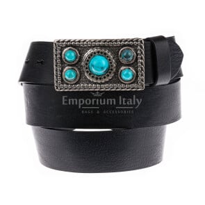 Cintura in vera pelle CHIAROSCURO mod. GENOVA colore NERO, fibbia speciale con pietra azzurra, Made in Italy 