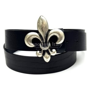 Cintura uomo in vera pelle CHIAROSCURO mod. GENOVA colore NERO, fibbia speciale a forma di giglio, Made in Italy