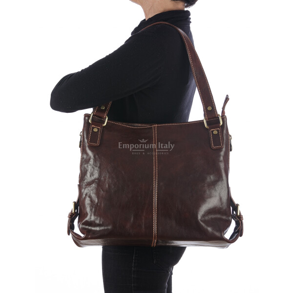 Genuine leather shoulder bag for woman ANTONELLA, colour DARK BROWN, CHIAROSCURO, MADE IN ITALY