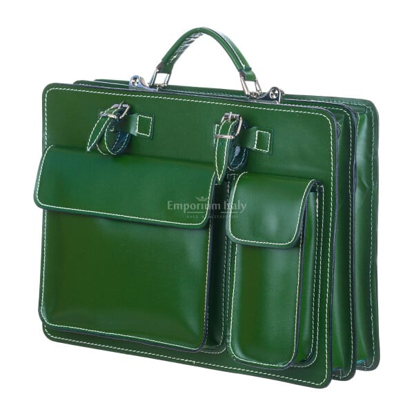 Borsa in vera pelle, mod. ALEX maxi, colore VERDE, con tracolla, CHIAROSCURO, Made in Italy adatta a computer Pc portatile 13/14 pollici, brochure grandi, cartelle e fogli formato A4