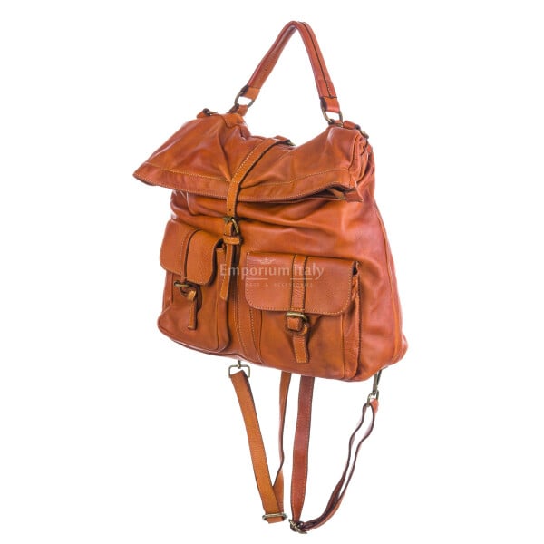 Borsa zaino donna MONTE MILETTO, in vera pelle vintage invecchiata, colore MIELE, CHIAROSCURO, Made in Italy