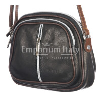 Crossbody bag for woman in genuine full grain leather, GIUSY, BLACK, CHIARO SCURO, MADE IN ITALY