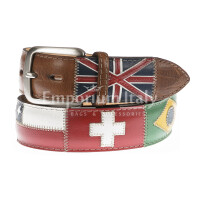 Genuine leather belt for man BASILEA, BROWN colour, with hand-sewn flags nations, SANTINI, MADE IN ITALY