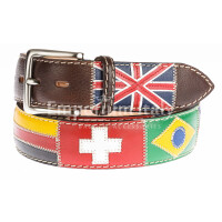 Genuine leather vintage belt for man BASILEA, DARK BROWN colour, with hand-sewn flags nations, SANTINI, MADE IN ITALY