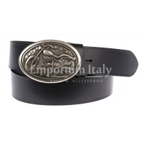 Genuine leather belt for man AUSTIN, BLACK colour, metal buckle with US motorbike, CHIAROSCURO, MADE IN ITALY