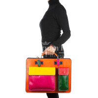 ELVI XXL: офисный портфель / деловая сумка из кожи CHIAROSCURO цвет МНОГОЦВЕТНАЯ на оранжевой основе, с плечевым ремнем,  Made in Italy.